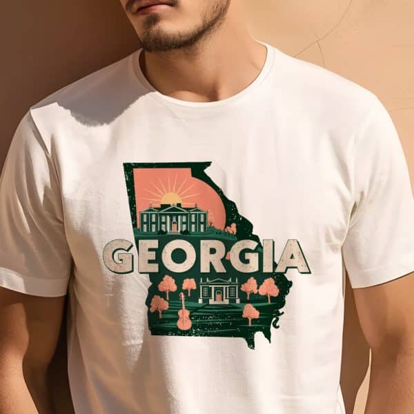 Person Wearing A White T-Shirt With A Graphic Design Of The State Of Georgia. The Design Features An Outline Of The State, Buildings, And A Sun.