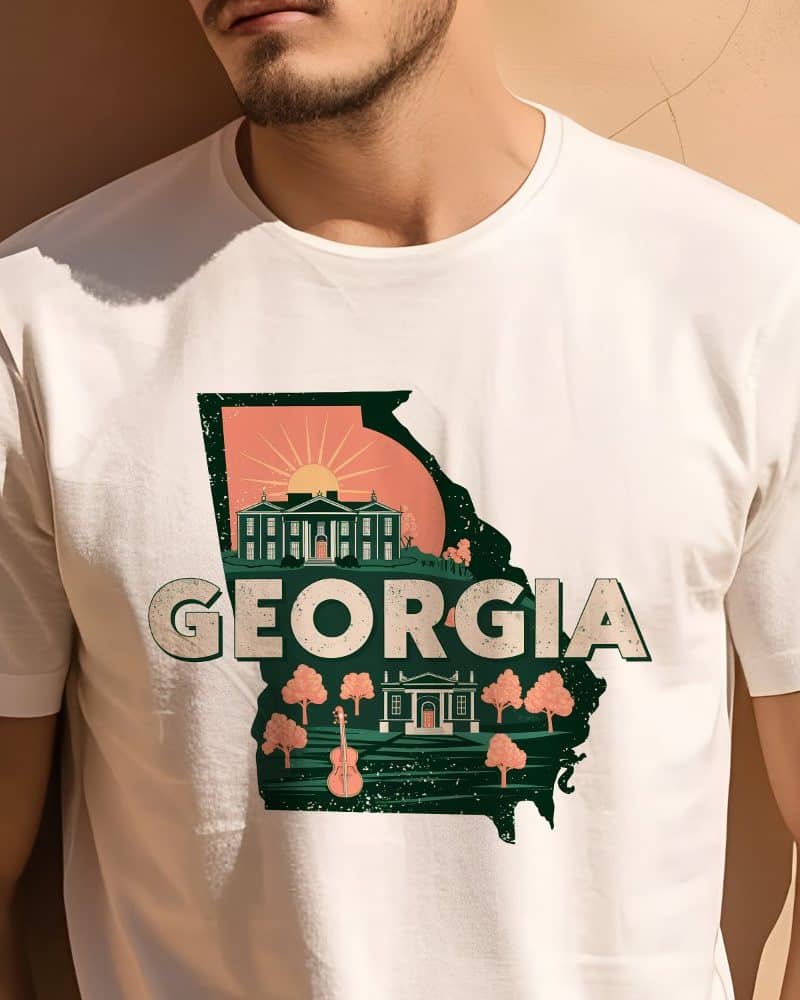 Person wearing a white t-shirt with a graphic design of the state of Georgia. The design features an outline of the state, buildings, and a sun.