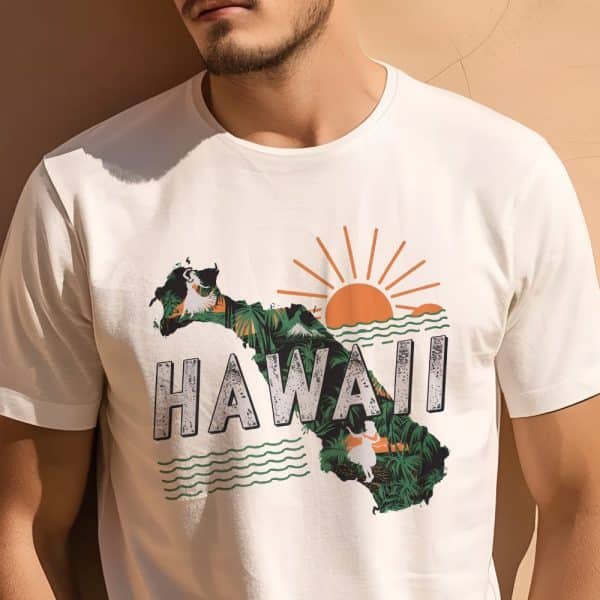 Man Wearing A Cream-Colored T-Shirt Featuring A Graphic Design Of Hawaii'S Outline, Tropical Imagery, And The Word &Quot;Hawaii&Quot;.