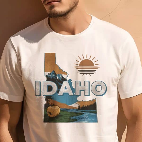 Person Wearing A White T-Shirt Featuring An Outline Of Idaho With Scenic Imagery And The Word Idaho.