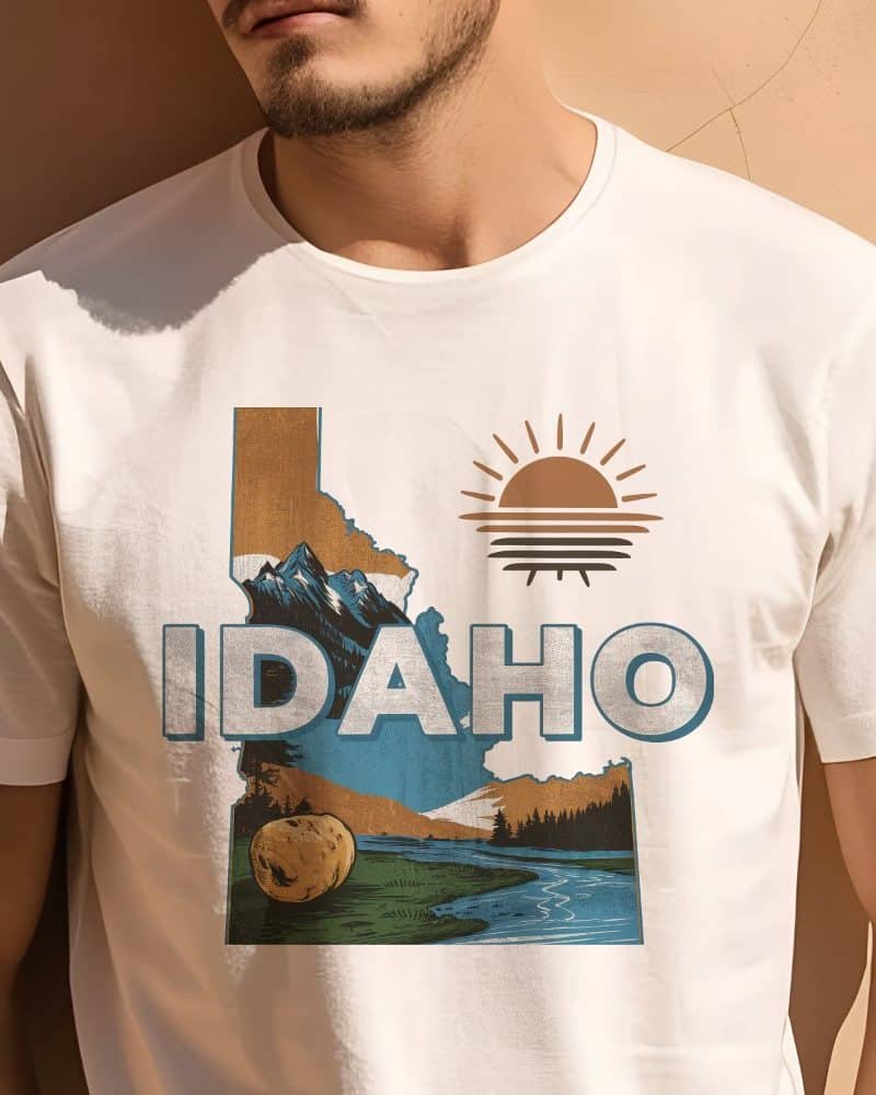 Person wearing a white t-shirt featuring an outline of Idaho with scenic imagery and the word Idaho.
