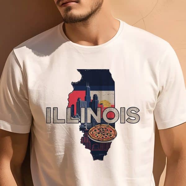 White T-Shirt Featuring An Illinois State Outline Graphic. The Outline Incorporates Chicago'S Skyline And A Pizza.