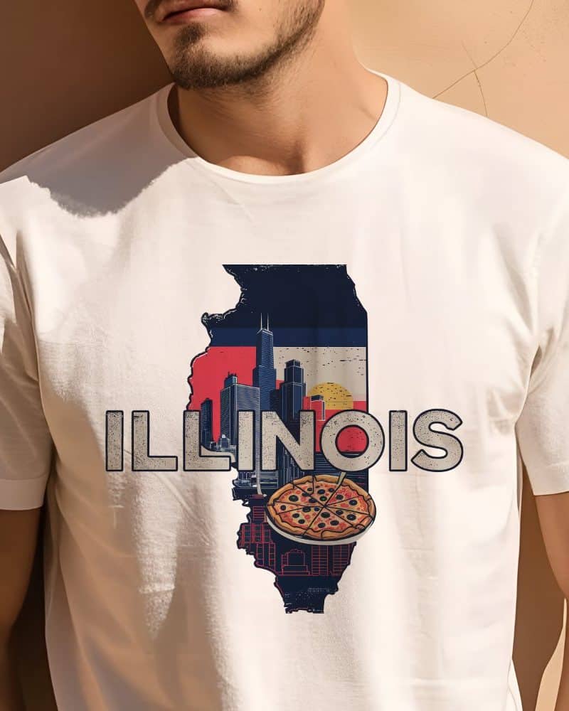White t-shirt featuring an Illinois state outline graphic. The outline incorporates Chicago's skyline and a pizza.