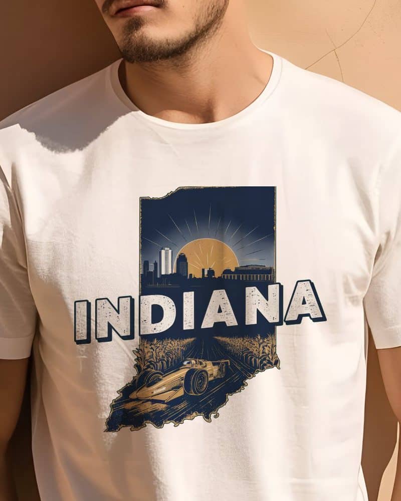White t-shirt featuring a graphic of the Indiana state outline, with a cityscape, setting sun, race car, and cornfield.
