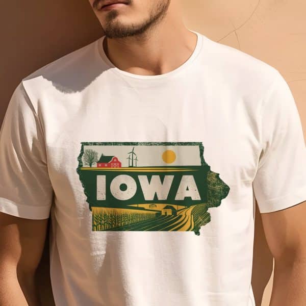 Person Wearing A White T-Shirt With An Illustration Of The State Of Iowa. The Design Features A Farm Scene With A Barn, Wind Turbines, And Fields Of Corn.