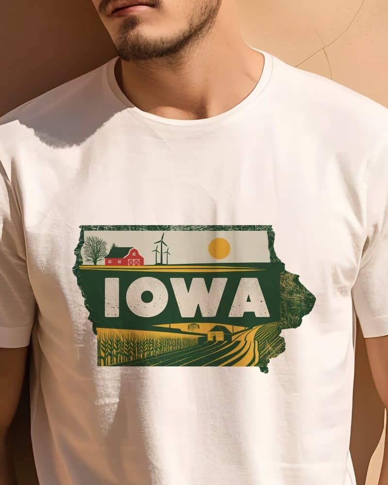 Person wearing a white t-shirt with an illustration of the state of Iowa. The design features a farm scene with a barn, wind turbines, and fields of corn.