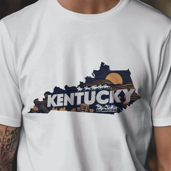 White T-Shirt With A Navy Blue Outline Of Kentucky, Featuring The Word Kentucky And Imagery Of Horses And Bourbon Barrels.
