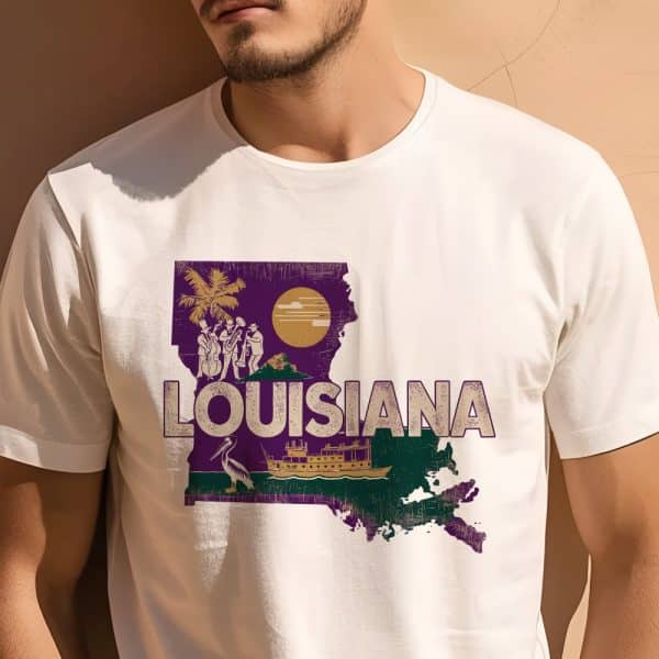 Man Wearing A White T-Shirt Featuring A Purple Louisiana State Outline Graphic. The Graphic Includes Musicians, A Boat, A Pelican, And The Word Louisiana.