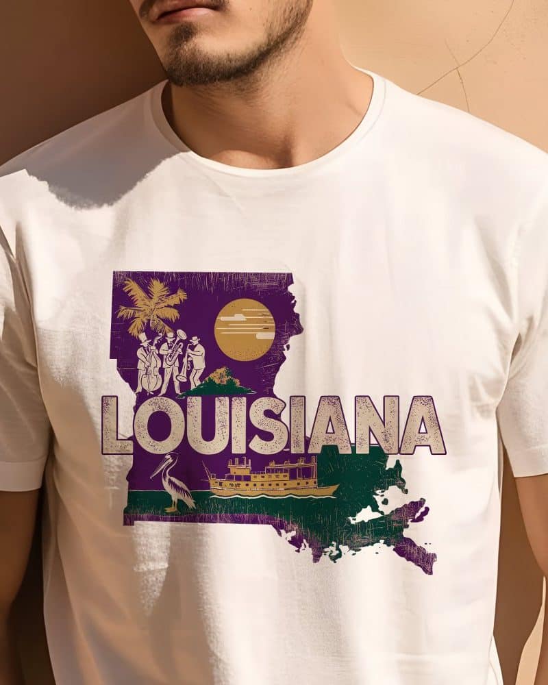 Man wearing a white t-shirt featuring a purple Louisiana state outline graphic. The graphic includes musicians, a boat, a pelican, and the word Louisiana.