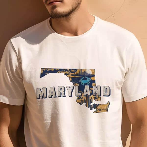 Person Wearing A White T-Shirt With A Graphic Design Of The State Of Maryland.