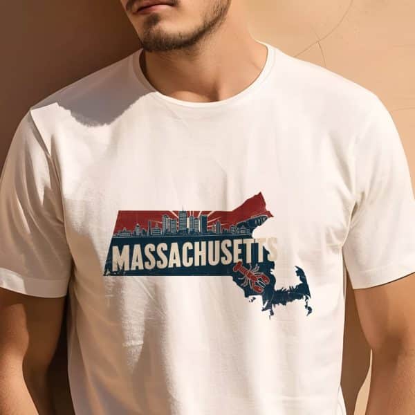 A White T-Shirt Displaying A Vintage-Style Graphic Of The Massachusetts State Outline, Featuring A Boston Skyline And A Lobster.