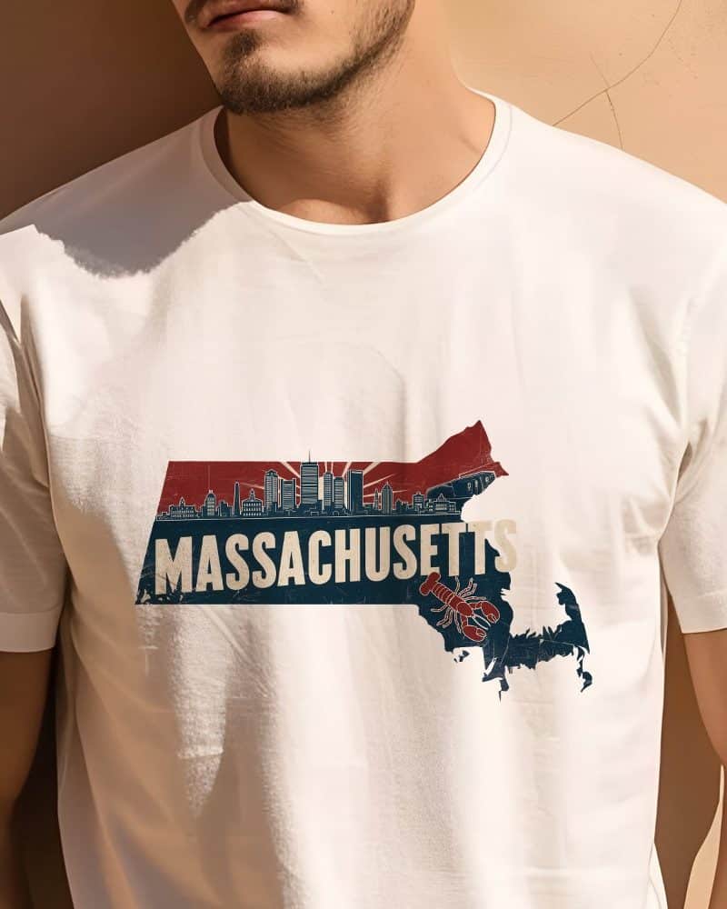 A white t-shirt displaying a vintage-style graphic of the Massachusetts state outline, featuring a Boston skyline and a lobster.
