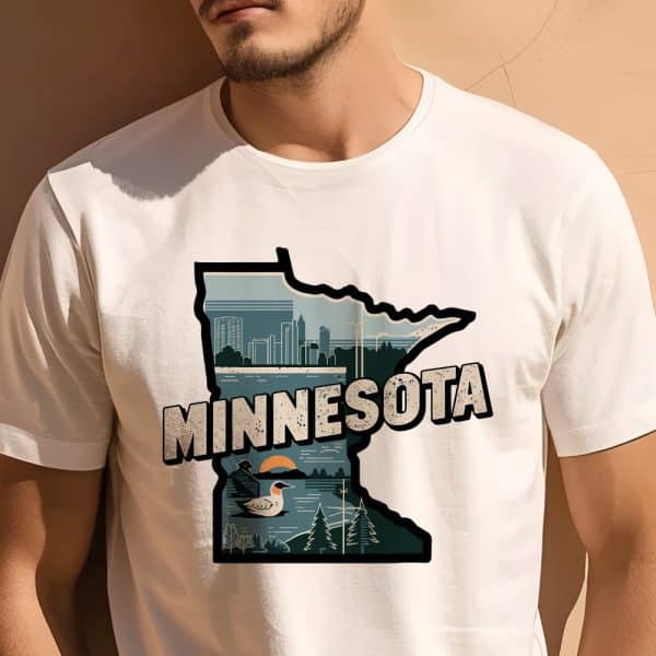 A White T-Shirt Featuring A Graphic Design Of The State Of Minnesota. The Design Includes A Stylized Outline Of The State, A Cityscape, A Bird, And The Word Minnesota.