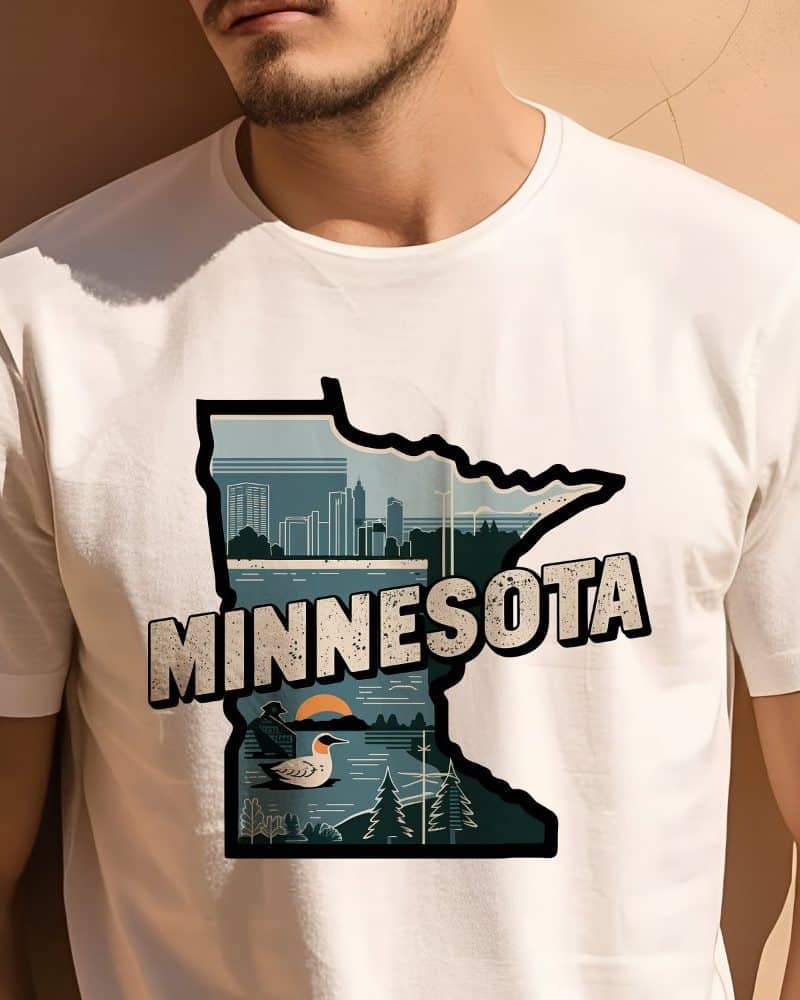 A white t-shirt featuring a graphic design of the state of Minnesota. The design includes a stylized outline of the state, a cityscape, a bird, and the word Minnesota.
