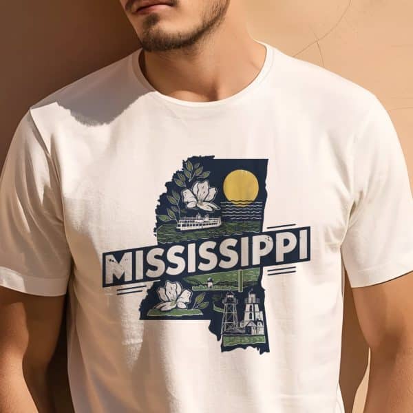 White T-Shirt Featuring A Graphic Design Of The State Of Mississippi, Incorporating Imagery Of A Steamboat, Magnolia Blossoms, And A Lighthouse.