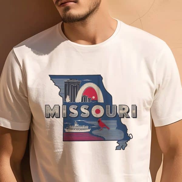 Person Wearing A White T-Shirt With A Graphic Design Of The State Of Missouri, Featuring Iconic Landmarks And A Cardinal.
