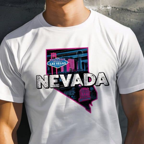 White T-Shirt Featuring A Graphic Design Of The Nevada State Outline Filled With A Stylized Las Vegas Cityscape And The Word Nevada.