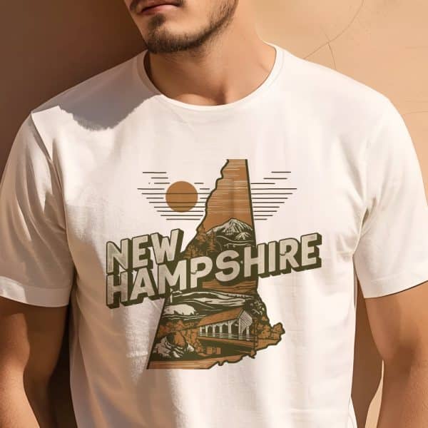 Retro Travel Iconic New Hampshire Graphic T-Shirt Person Wearing A White T-Shirt With A New Hampshire Design. The Design Features An Outline Of The State With Mountains, A Covered Bridge, And A Stylized Sun.