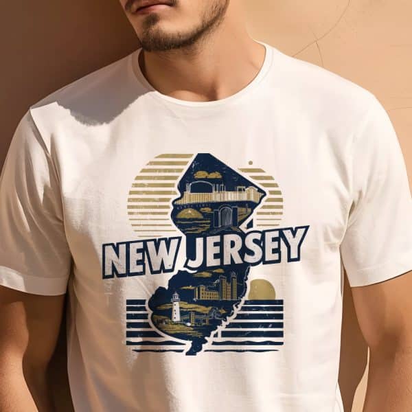 Man Wearing A White T-Shirt Featuring A Graphic Design Of The New Jersey State Outline Filled With Iconic Landmarks.