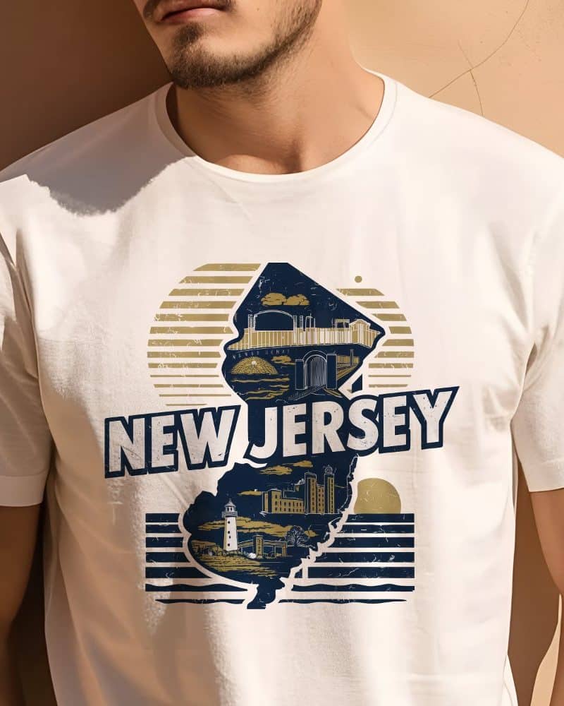 Man wearing a white t-shirt featuring a graphic design of the New Jersey state outline filled with iconic landmarks.