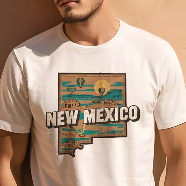 Person Wearing A White T-Shirt With A New Mexico Design. The Design Features A Stylized Map Of The State With Hot Air Balloons And Desert Imagery.
