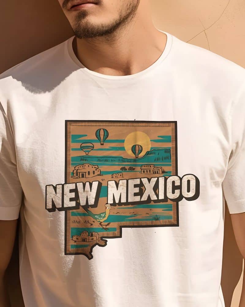Person wearing a white t-shirt with a New Mexico design. The design features a stylized map of the state with hot air balloons and desert imagery.