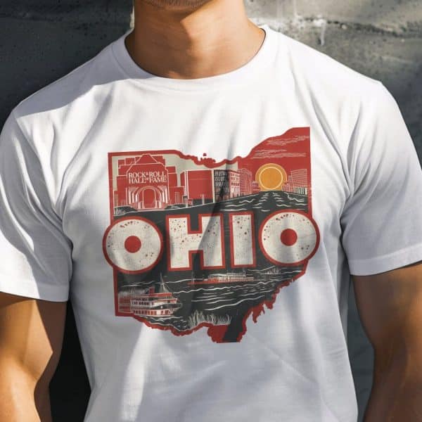 White T-Shirt Featuring A Vintage-Style Graphic Of The Ohio State Outline With Iconic Landmarks And The Word Ohio.