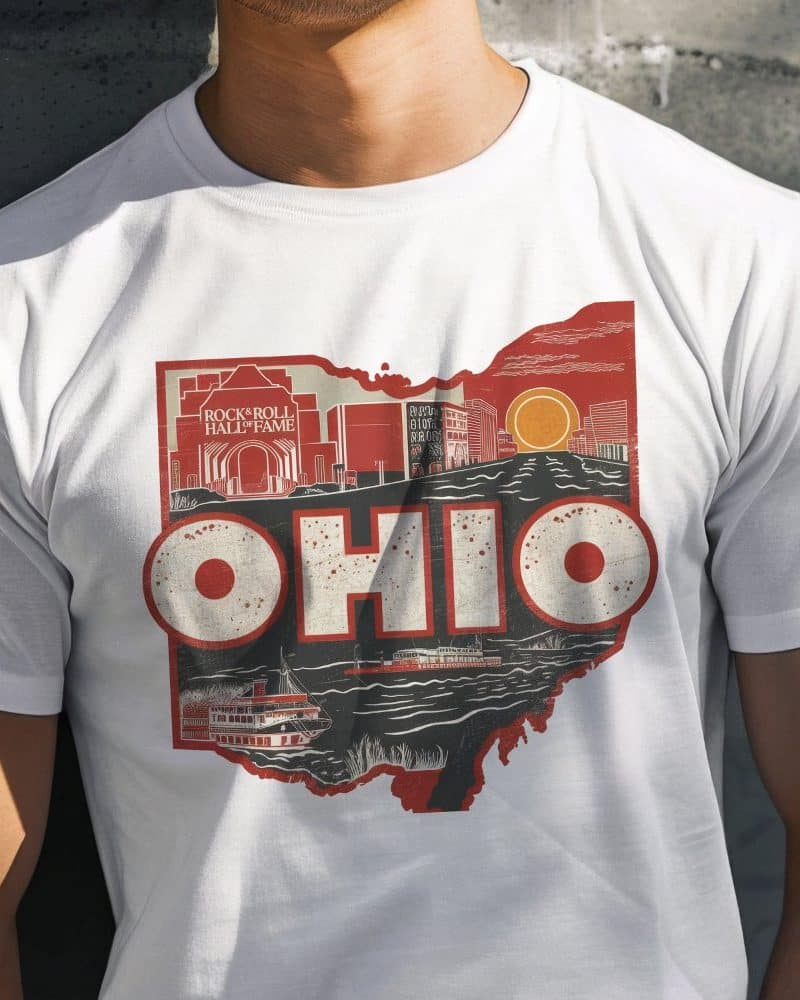 White t-shirt featuring a vintage-style graphic of the Ohio state outline with iconic landmarks and the word OHIO.