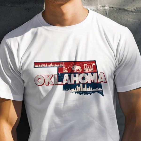 White T-Shirt Featuring A Distressed Graphic Of The Oklahoma State Outline Incorporating Images Representing The State'S Landscape And Industry.
