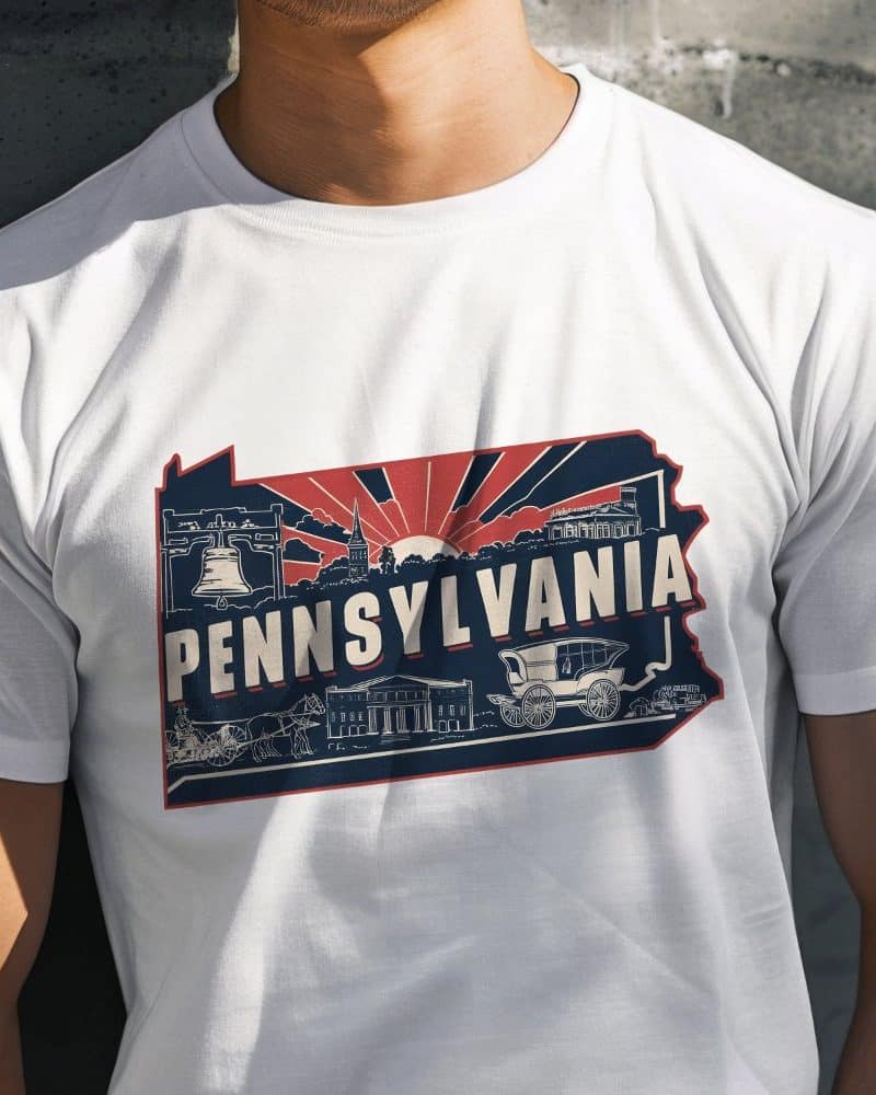 White t-shirt featuring a vintage-style Pennsylvania state outline graphic with iconic imagery.