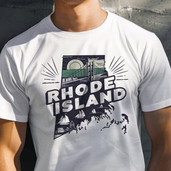 White T-Shirt Featuring A Graphic Design Of Rhode Island'S Outline Filled With Iconic Imagery, Including A Bridge And Sailboats. The Words Rhode Island Are Prominently Displayed.