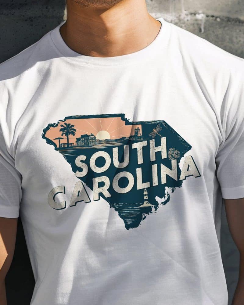 White t-shirt with a graphic design of South Carolina's outline, featuring beach imagery and the state name.