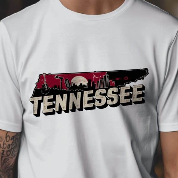 White T-Shirt With A Graphic Of The State Of Tennessee, Incorporating A Cityscape, Musical Instruments, And The Word Tennessee In Vintage Lettering.