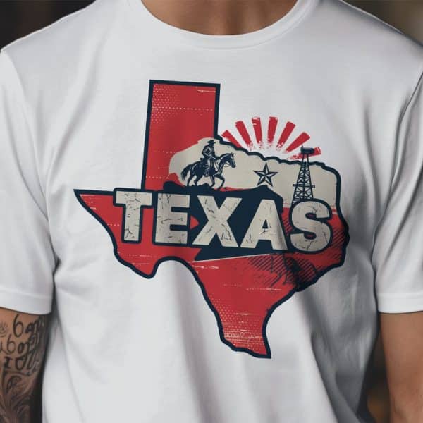 White T-Shirt With A Vintage-Style Graphic Of The Texas State Outline, Featuring The Word Texas, A Cowboy On Horseback, And An Oil Derrick.