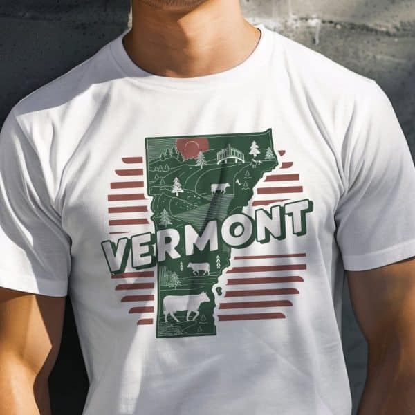 White T-Shirt Featuring A Green Outline Of Vermont With Illustrations Of Cows And Landscape, And The Word Vermont In Bold Text.
