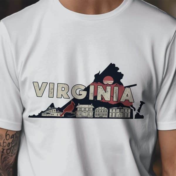 White T-Shirt With A Graphic Design Of The State Of Virginia, Featuring A Cardinal, Buildings, And A Setting Sun.