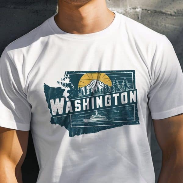 White T-Shirt With A Graphic Design Of The Washington State Outline Featuring A Mountain, Sun, Trees, And Ferry.