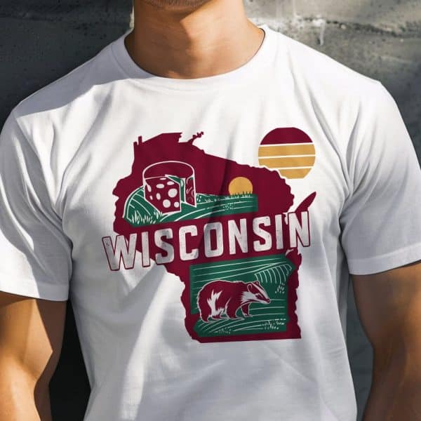 White T-Shirt With A Maroon Wisconsin State Outline Graphic Featuring A Badger, Cheese, And A Stylized Sun.