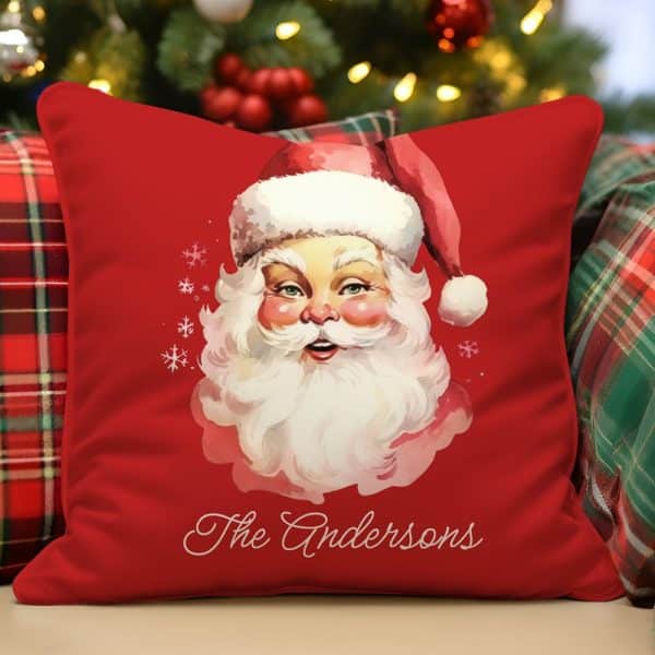 Red Throw Pillow Featuring A Vintage Illustration Of Santa Claus And The Name Andersons.