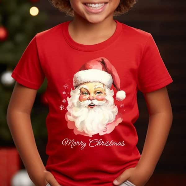 Child Wearing A Red T-Shirt With A Vintage Santa Claus Illustration And Merry Christmas Text.