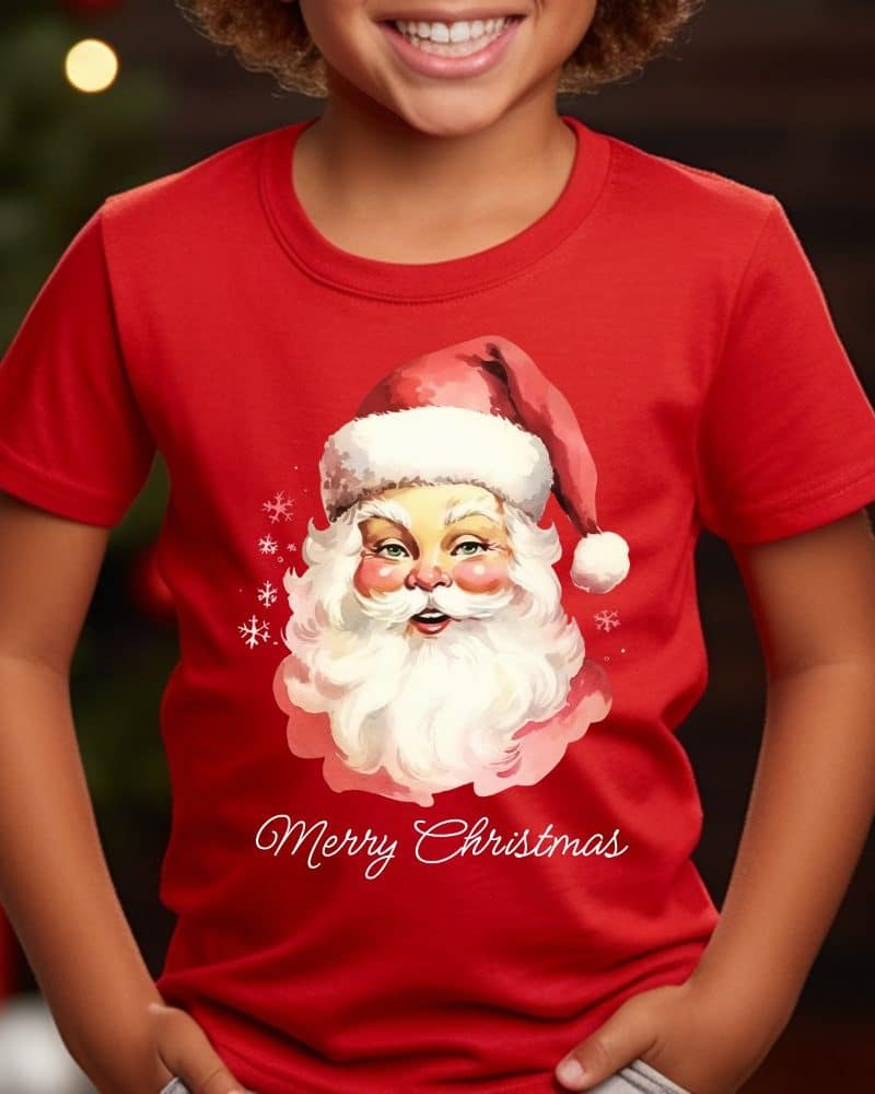 Child wearing a red t-shirt with a vintage Santa Claus illustration and Merry Christmas text.