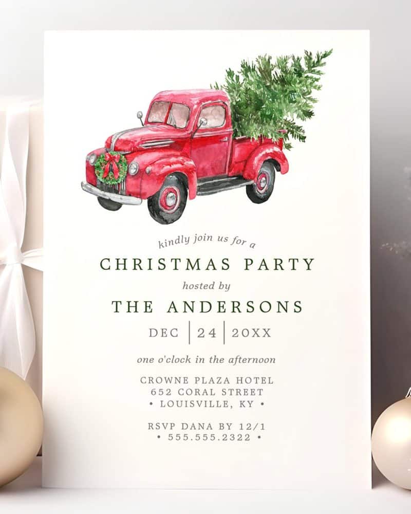 A watercolor painting of a red vintage truck carrying a Christmas tree, used as the main image on a Christmas party invitation.