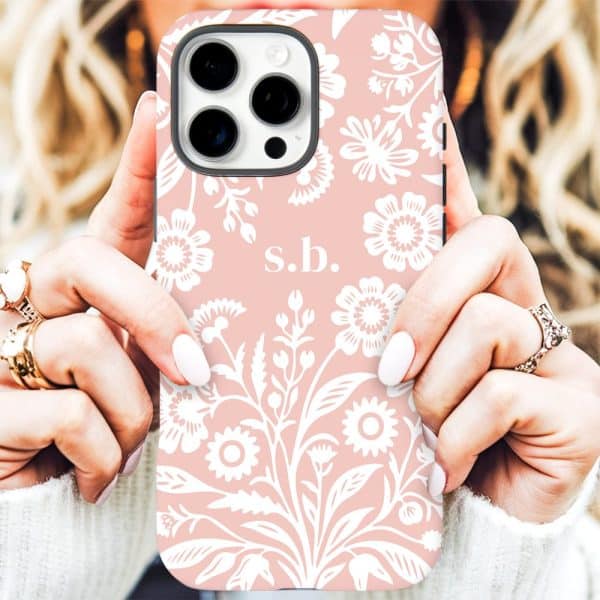 Pink Iphone Case With A White Floral Pattern And Initials S.b.