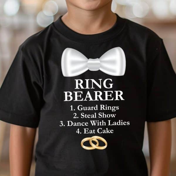 Black T-Shirt With A White Bow Tie Graphic, The Words Ring Bearer, And A Numbered List Of Wedding-Related Duties.