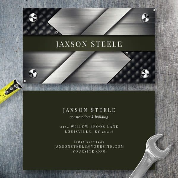 Business Card For Jaxson Steele Construction And Building, Featuring A Metallic Design.