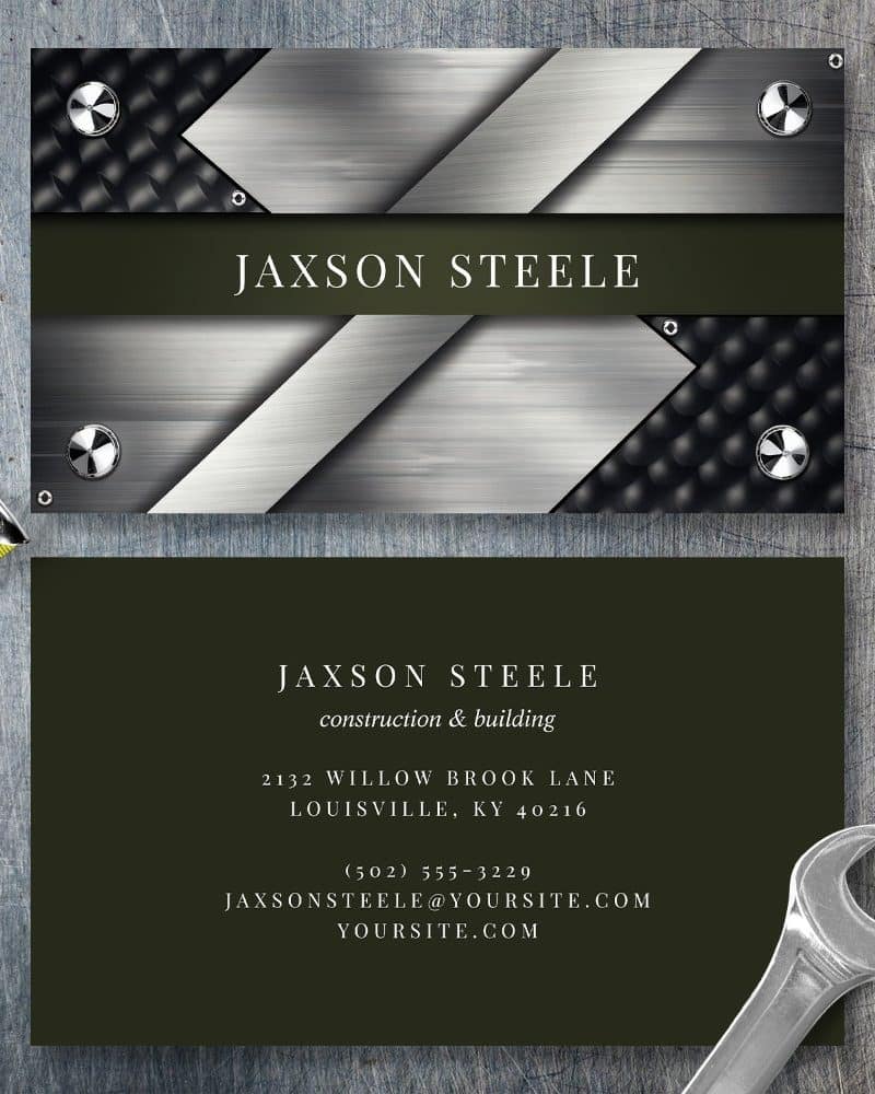 Business card for Jaxson Steele construction and building, featuring a metallic design.
