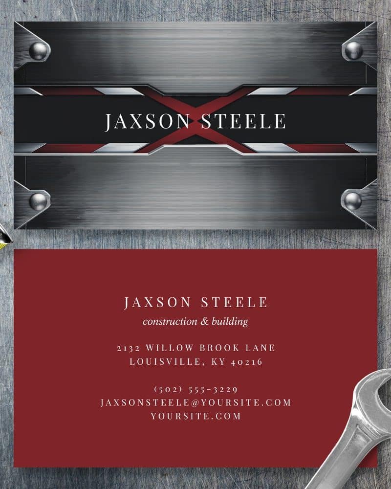 Jaxson Steele construction and building business card with a metallic gray and red design.