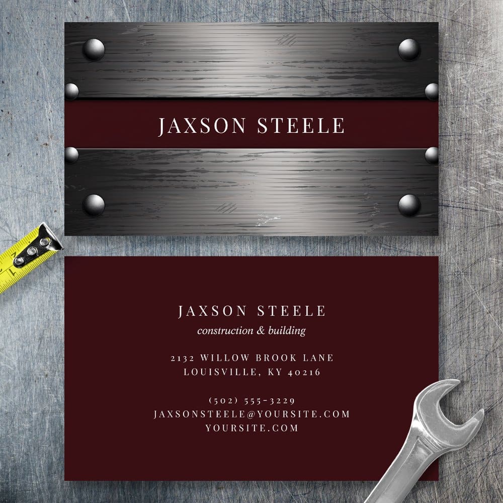Jaxson Steele Construction And Building Business Card With A Metallic Design.