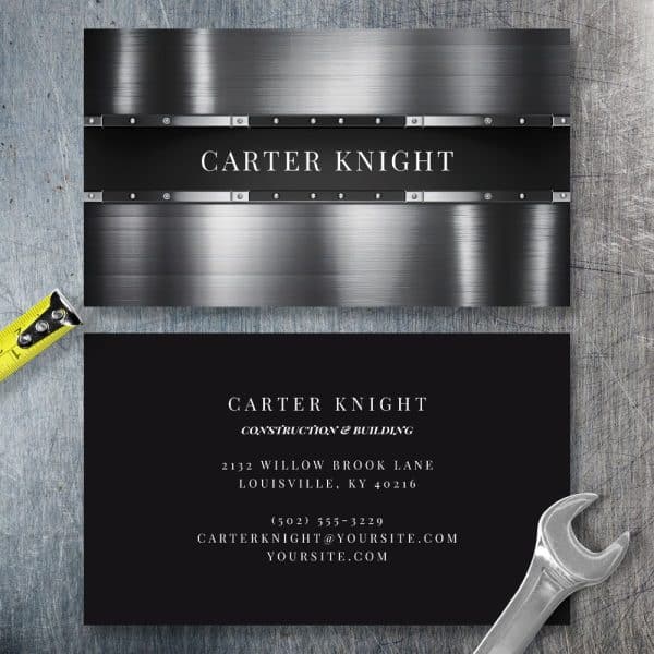 Business Card For Carter Knight Construction &Amp; Building, Featuring A Brushed Metal Design.