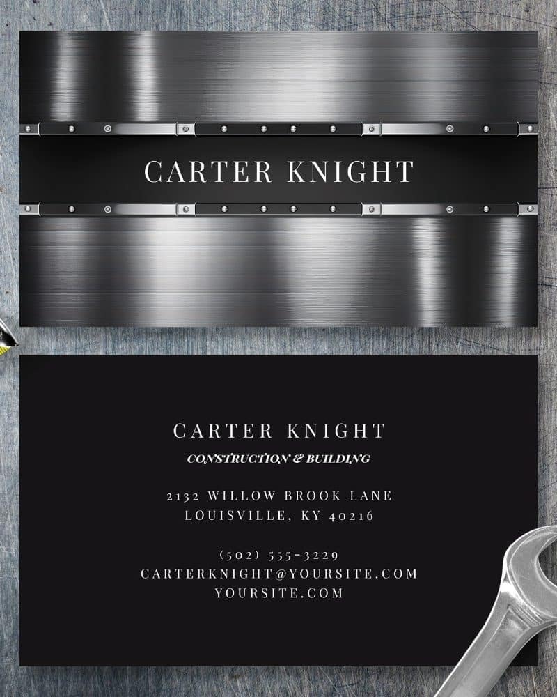 Business card for Carter Knight Construction & Building, featuring a brushed metal design.